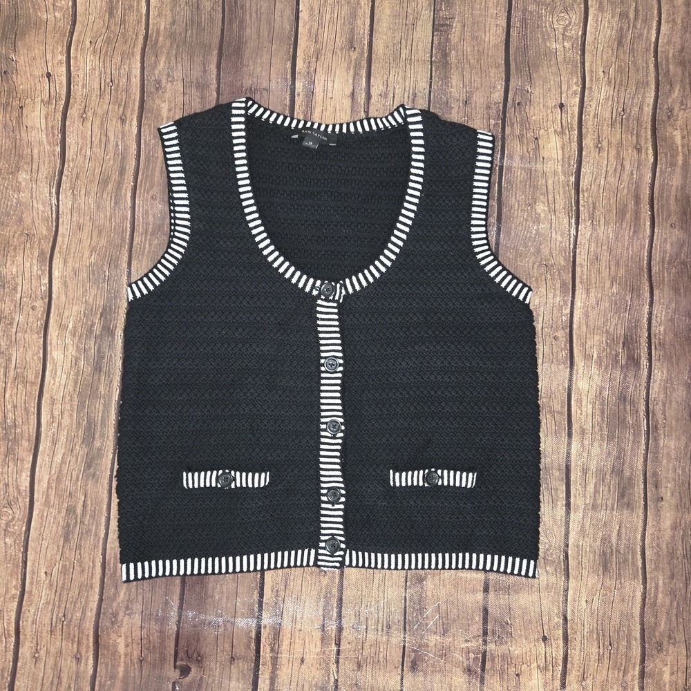 Ann Taylor Sweater Vest Womens LP Black Preppy Academia Quiet Luxury Mod‎
